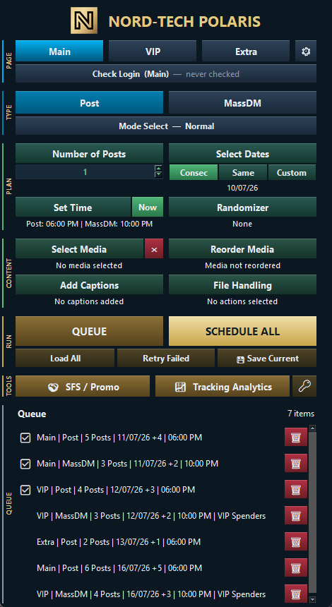 Polaris scheduler with a queue of posts and mass DMs across three pages